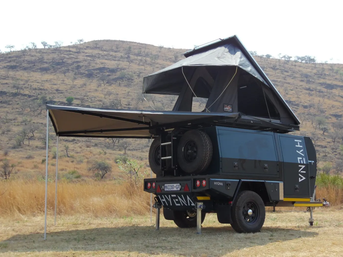 Hyena S1 with rooftop tent and awning deployed in African bush