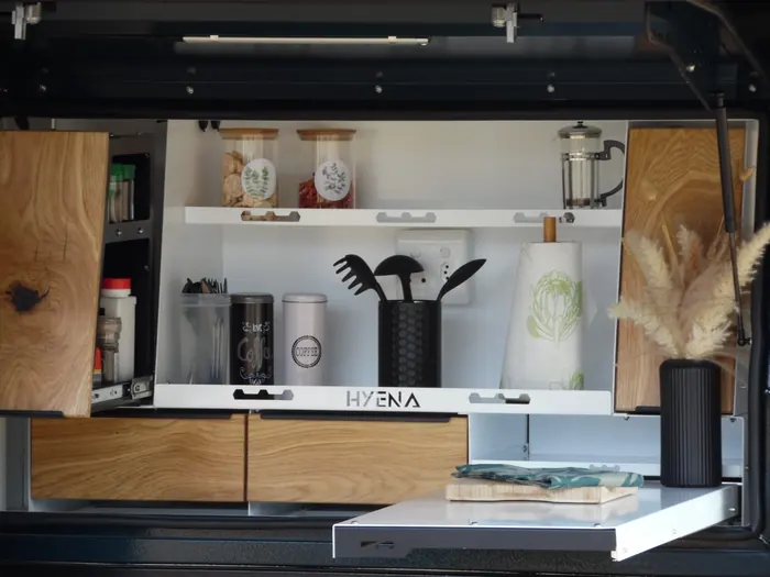 Hyena S1 kitchen interior with organised pantry and drawers