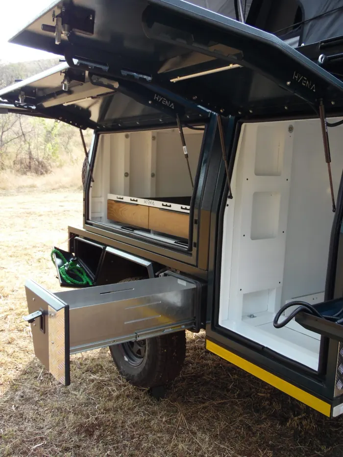 Hyena S1 side hatch open with pull-out drawer and storage bins